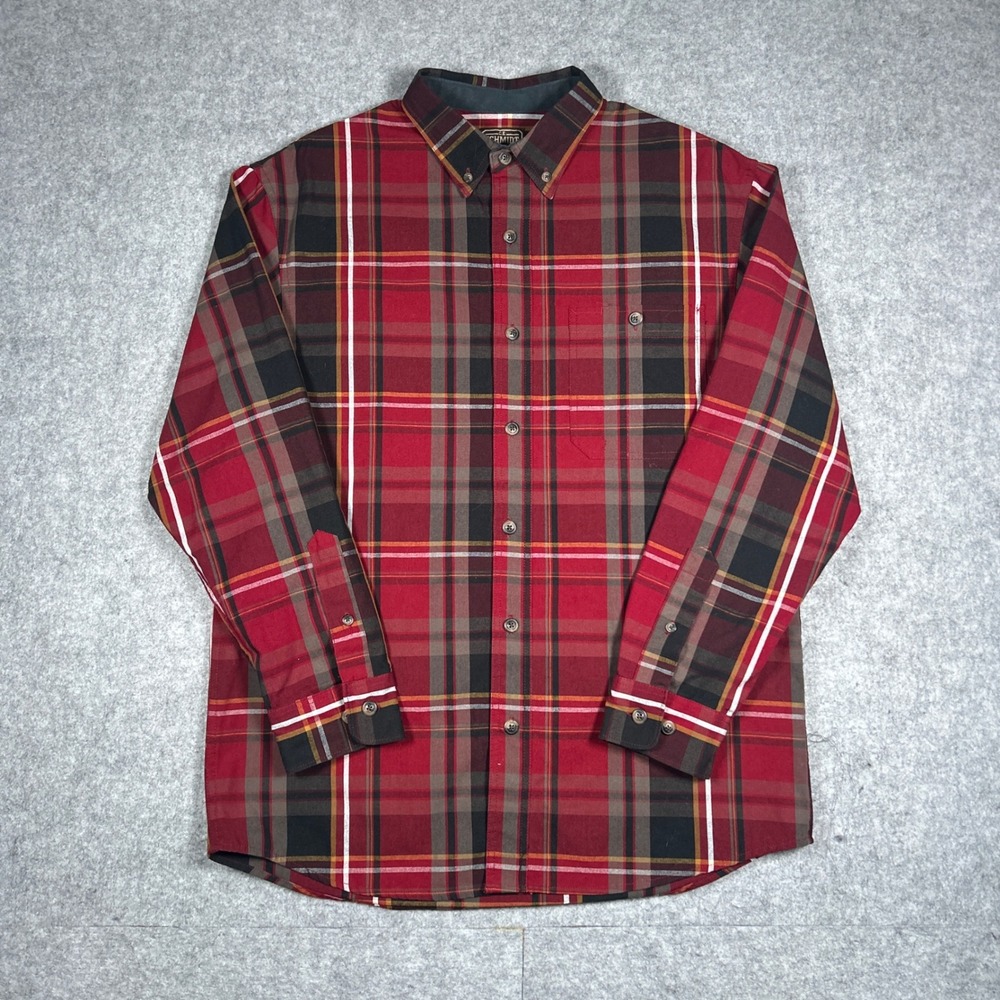 Schmidt Button Down Shirt Mens medium Red‎ Plaid Workwear Long Sleeve Cotton